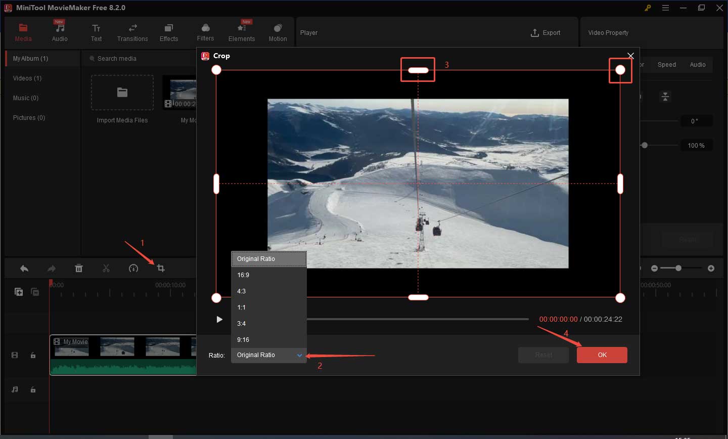 Adjust the cropping handles to crop the video clip in MiniTool MovieMaker