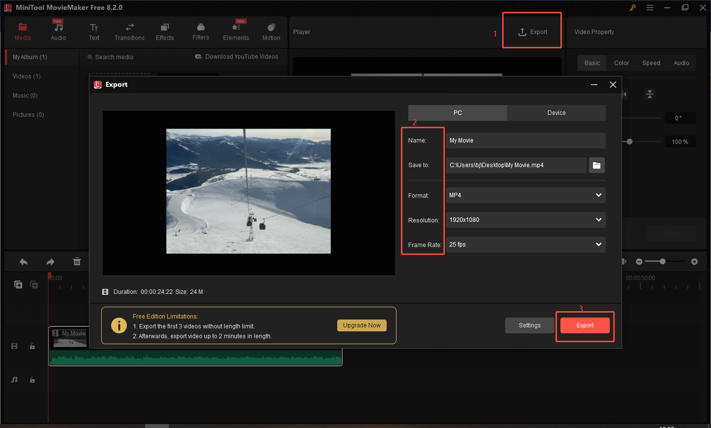 Change the video information in the Export window in MiniTool MovieMaker