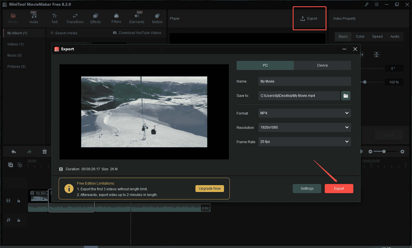 Choose the Export option to export the video from MiniTool MovieMaker