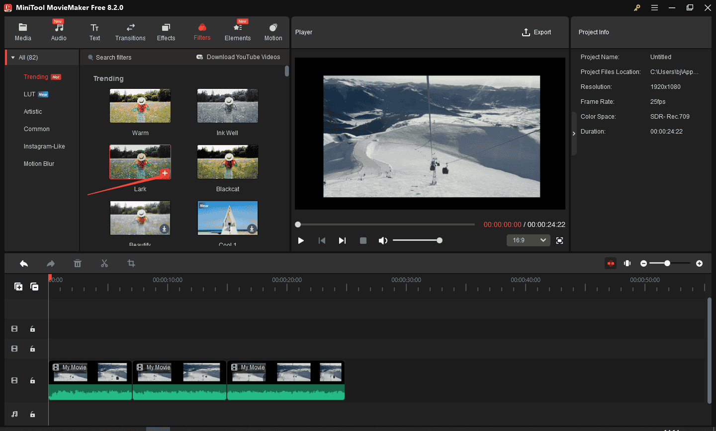 Click the Crop icon on the timeline toolbar to crop the video clips in the MiniTool MovieMaker