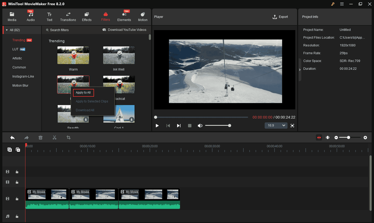 Click the plus icon of the Filter tab to add filters to the videos in the MiniTool MovieMaker
