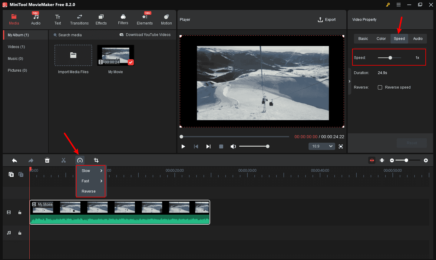 Hit the Speed icon to choose Slow/Fast or drag on the Speed scroll bar to change video speed in the MiniTool MovieMaker