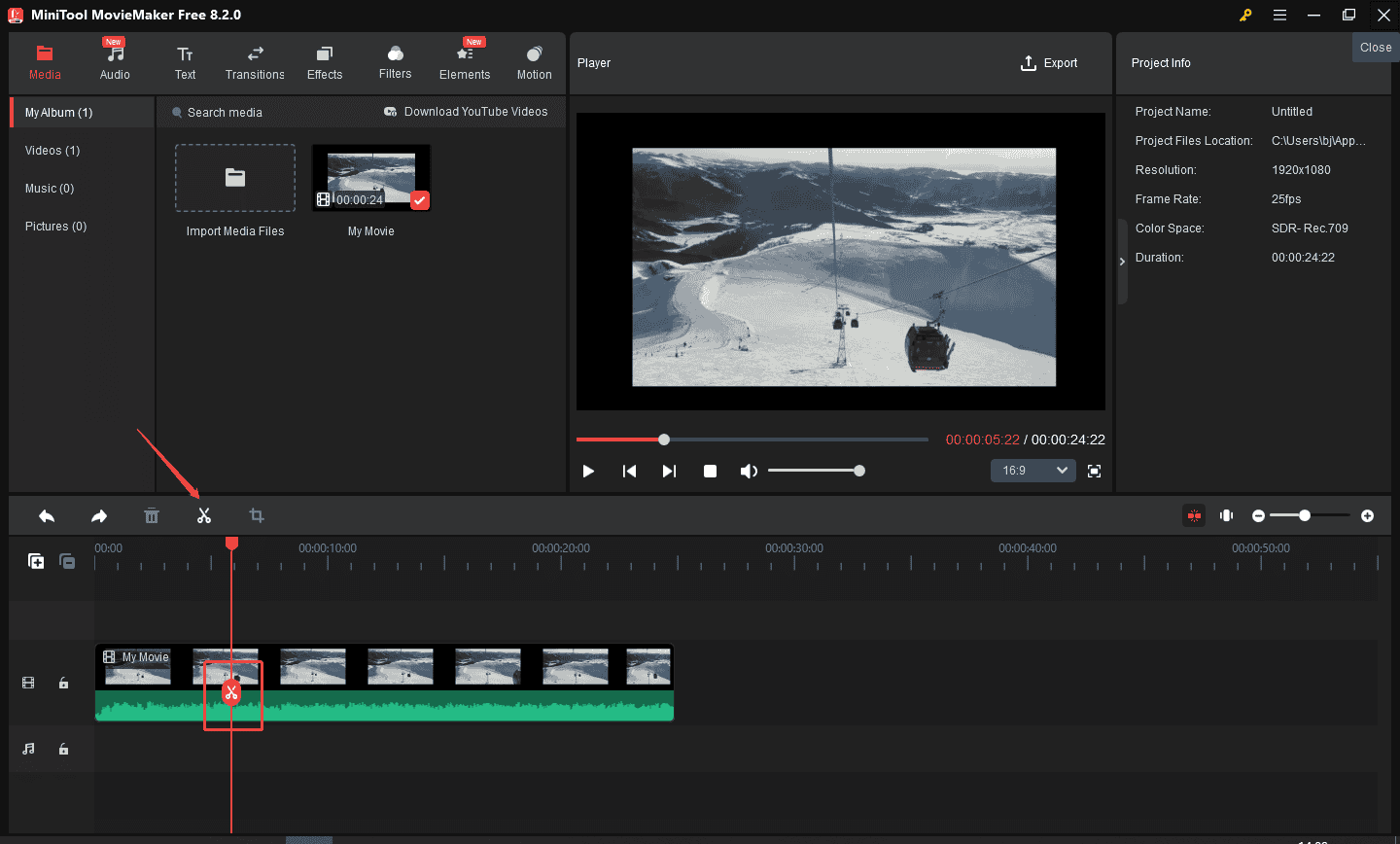 Click the Split icon to split the video in the MiniTool MovieMaker