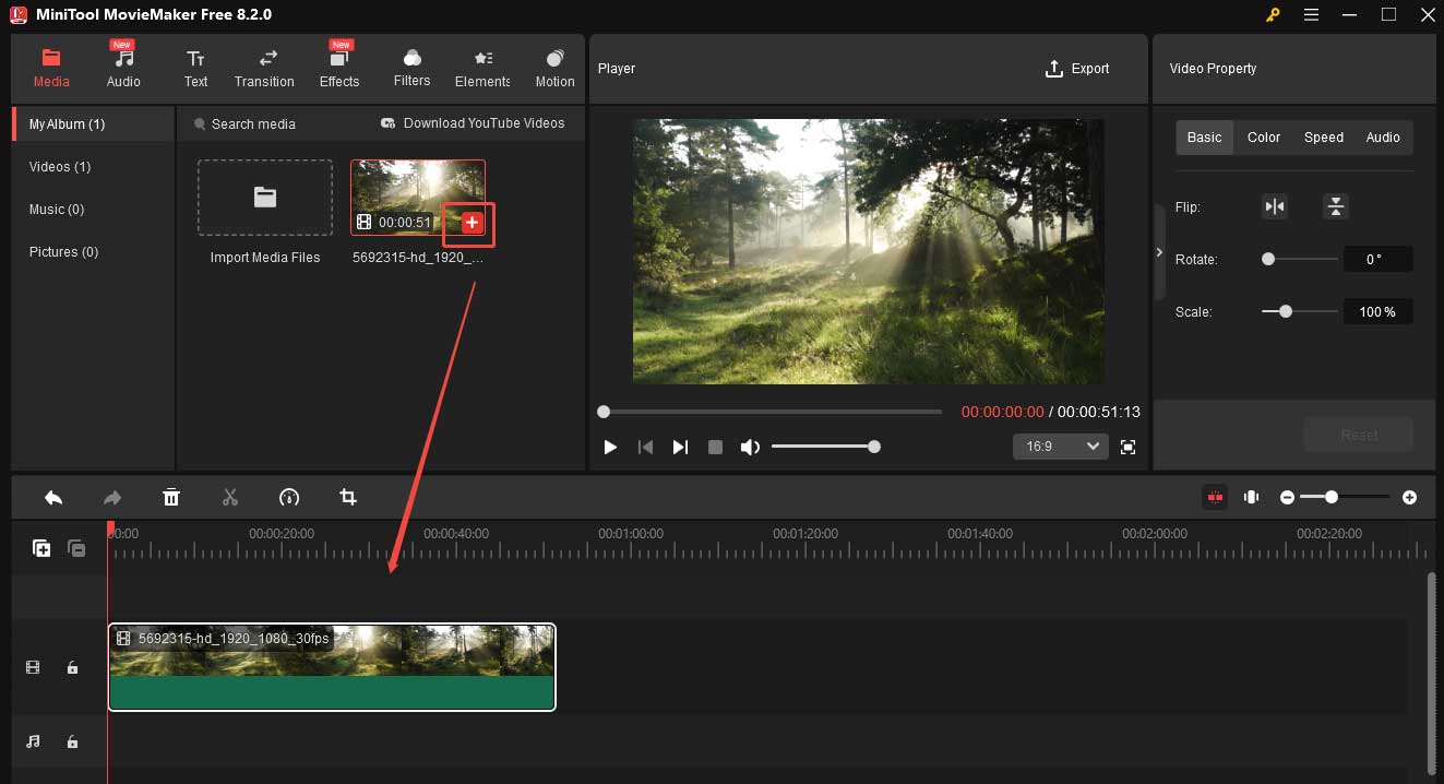 Click Import Media Files and click the + icon to add it to the timeline