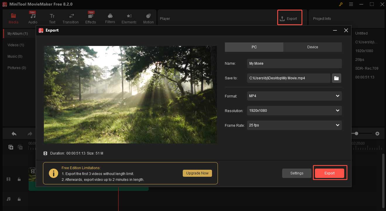 Click Export to save the video on your computer