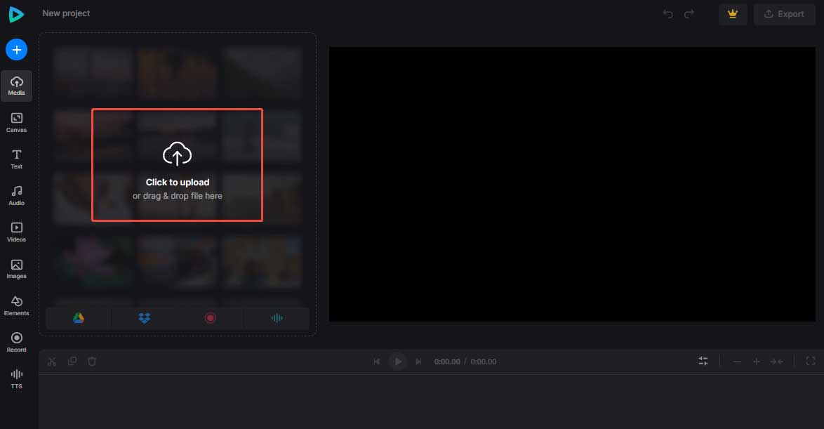 Click the Click to upload button in Clideo to import your video from your device