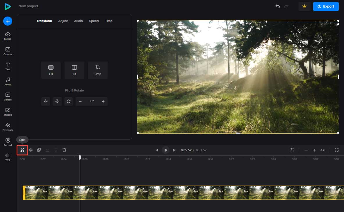 Click the scissors icon in Clideo to split your video
