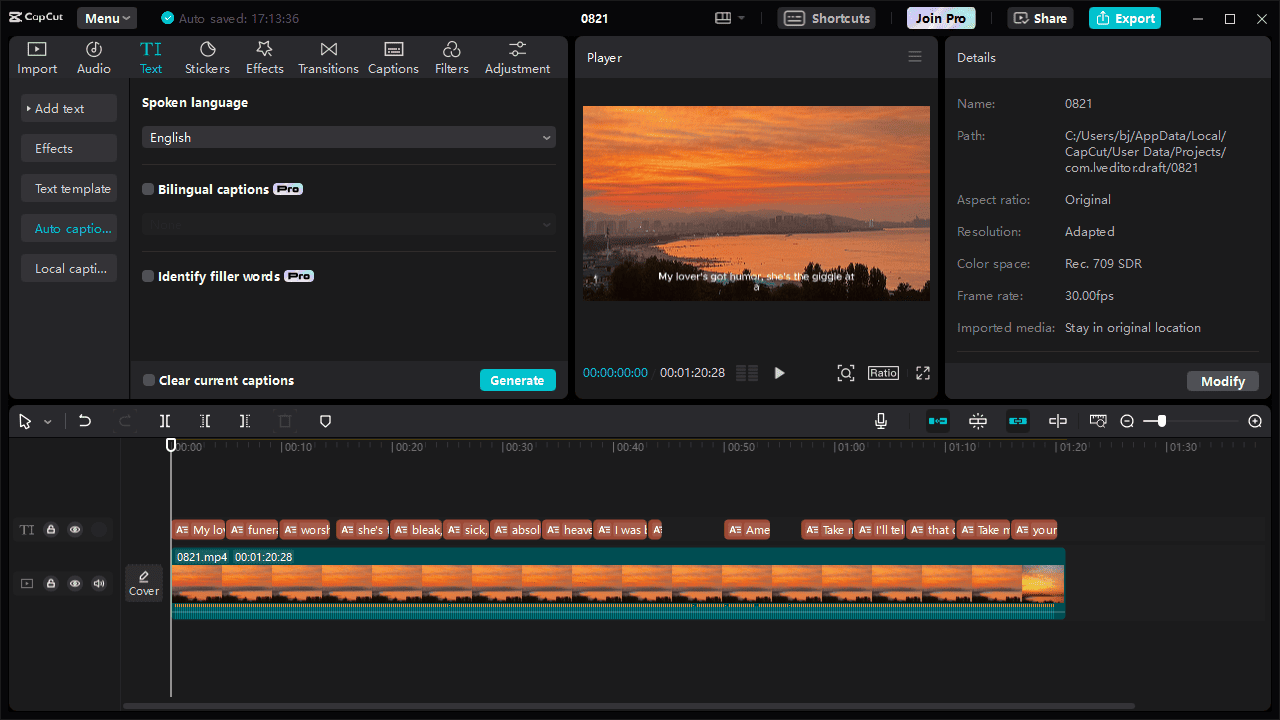 Use CapCut’s auto-captions feature to add lyrics to a video