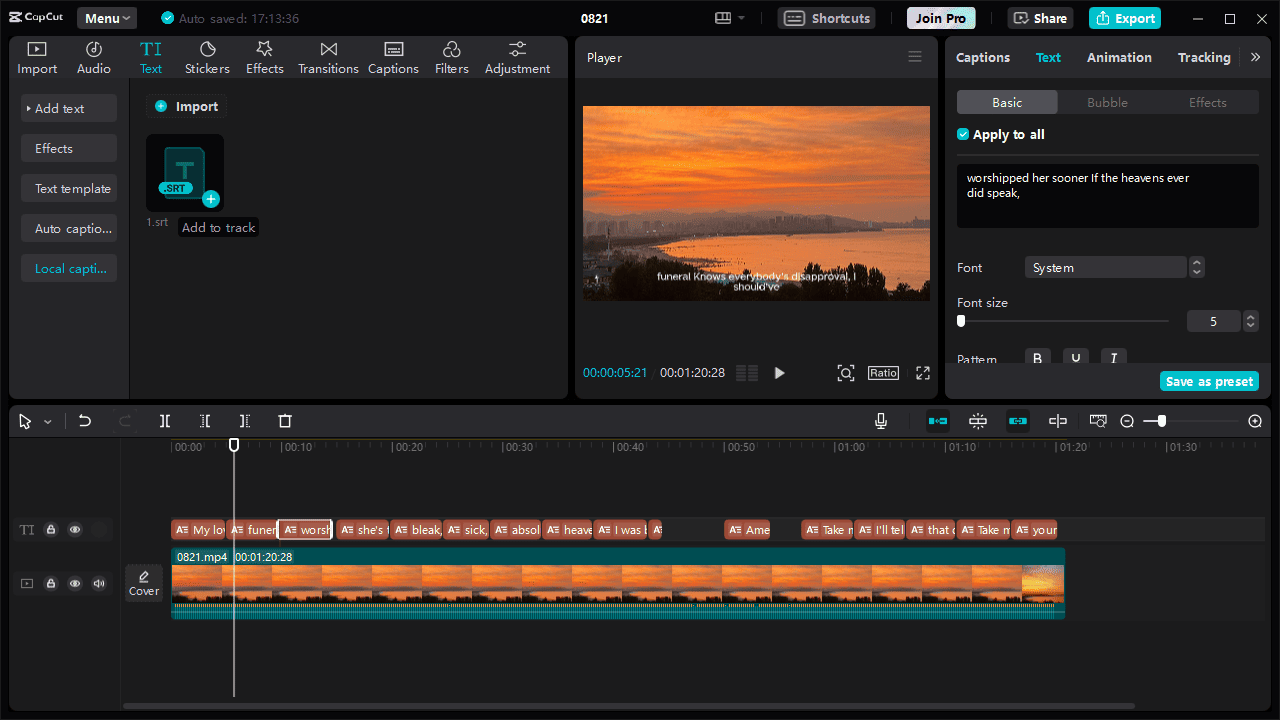Add a subtitle file to put lyrics to the video using CapCut