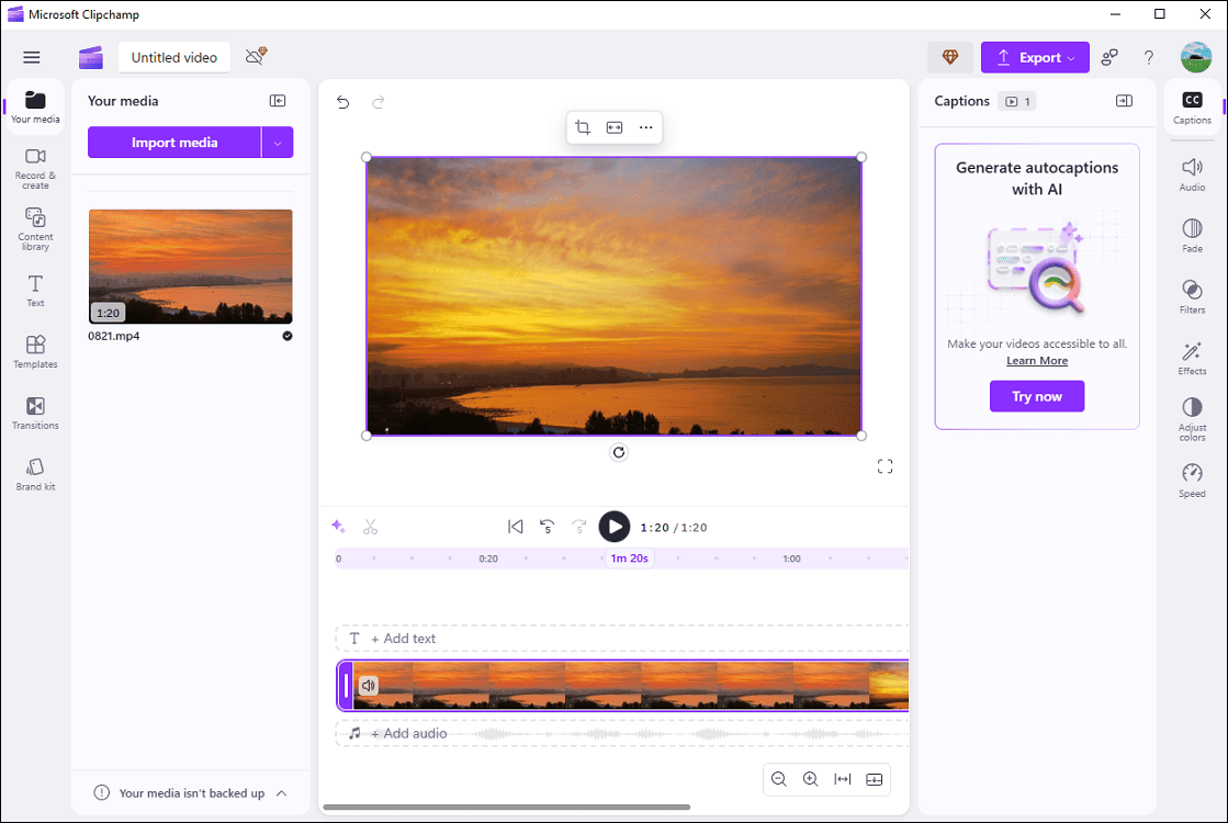 Click the Try now button to add lyrics in Microsoft Clipchamp