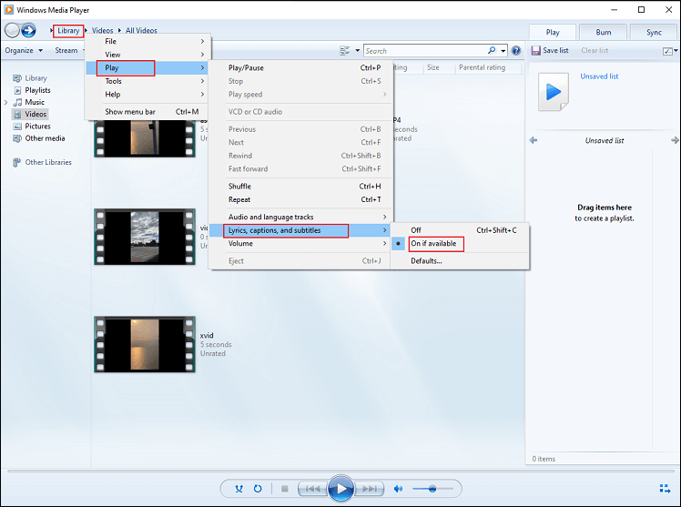 Right-click the Library option at the top left, click Play, click Lyrics, captions, and subtitles, and click On if available in Windows Media Player