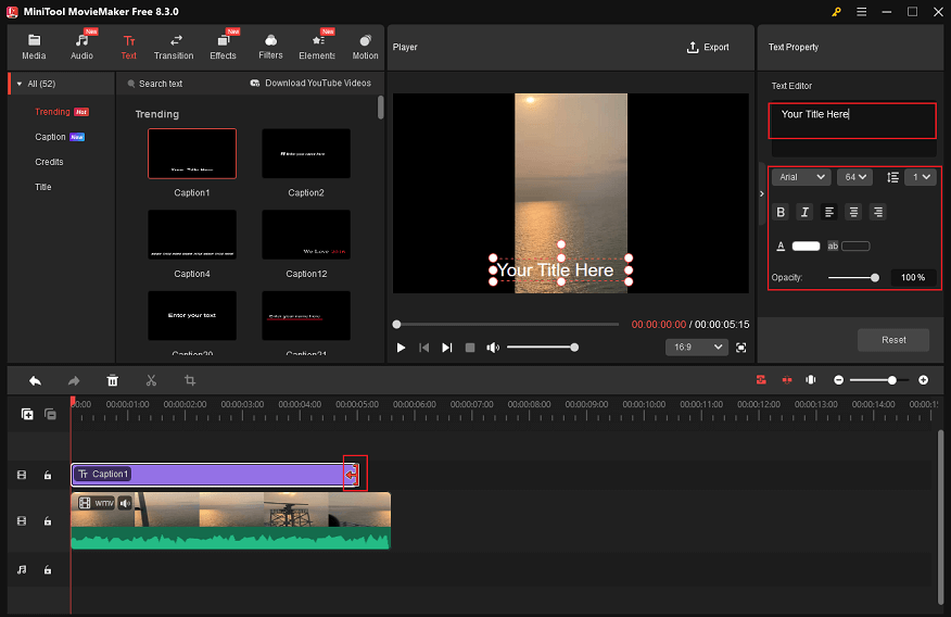 Specify the subtitle settings in MiniTool MovieMaker