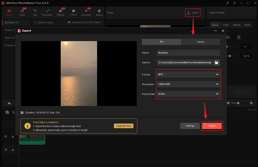 Configure the output settings and click on the Export button in MiniTool MovieMaker to save the WMV video to your PC