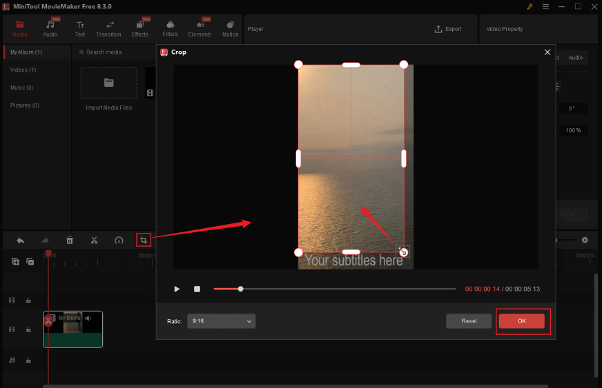 Click on the Crop icon in MiniTool MovieMaker to crop your WMV video based on your needs