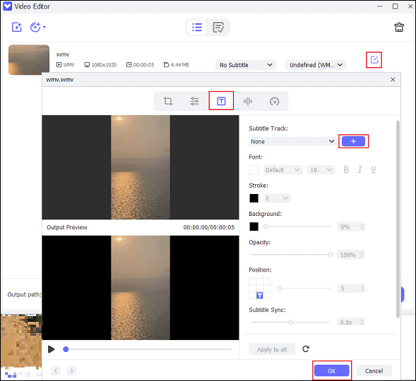 Click the Edit icon on the right section of the added WMV video, choose the Subtitle option, and click the + icon in Joyoshare VidiKit to add the SRT