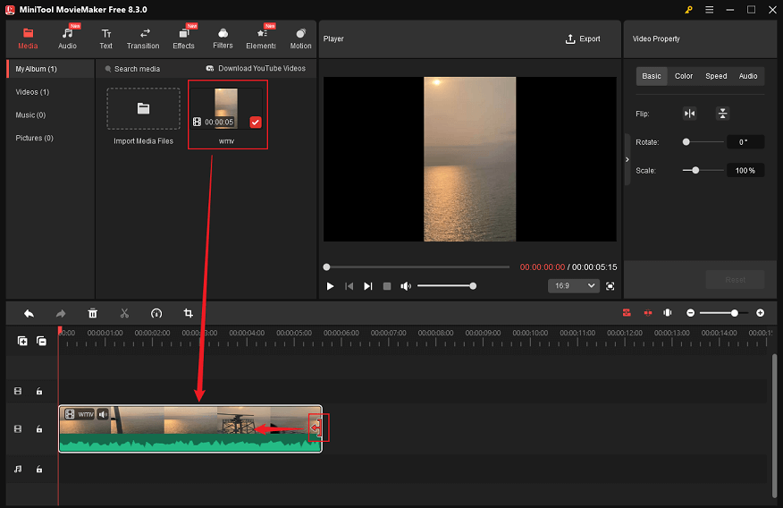 Drag the added video to the timeline and trim the video in MiniTool MovieMaker