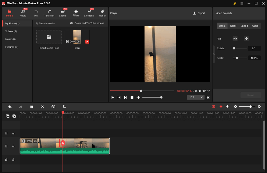 Drag the red playhead to the desired place and click the Scissors icon to cut the video in MiniTool MovieMaker