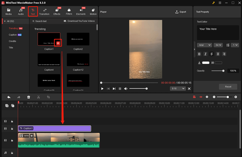 Add the subtitles to the timeline of MiniTool MovieMaker