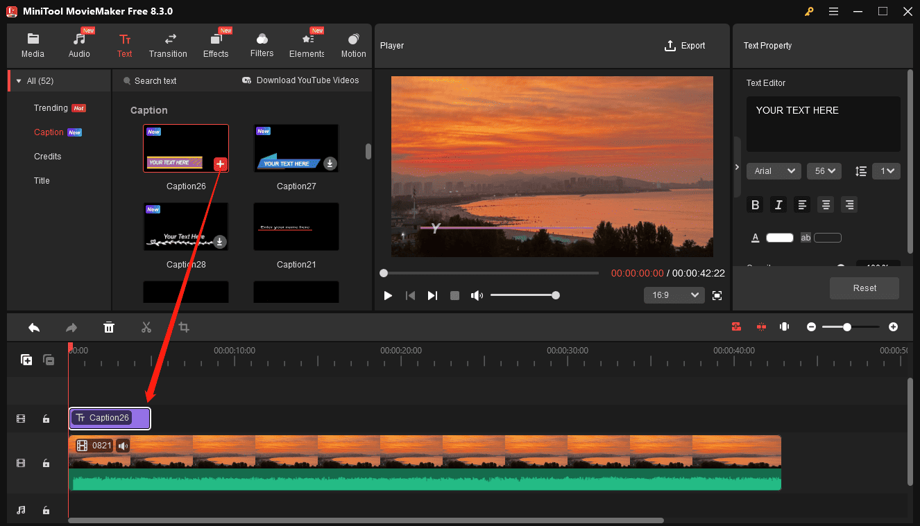 Click the + icon to add the text template to the timeline in MiniTool MovieMaker