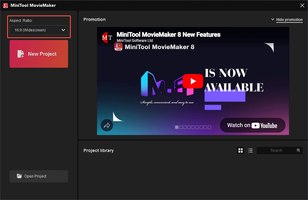 MiniTool MovieMakerで新規プロジェクトをクリックする