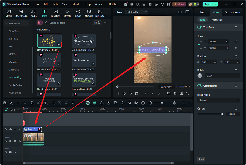 Add the preferred handwriting template to the timeline and enter the desired text in Wondershare Filmora