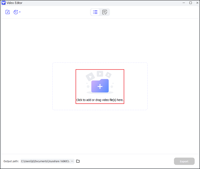 Click on Click to add or drag video file(s) here. to add the XVID video you want to crop to Joyoshare VidiKit