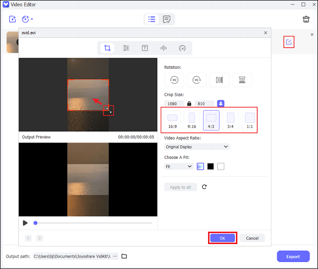 Crop the XVID video in Joyoshare VidiKit