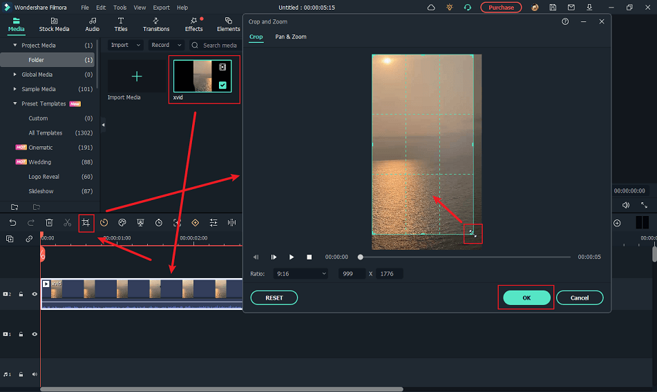 Crop the XVID video in Wondershare Filmora