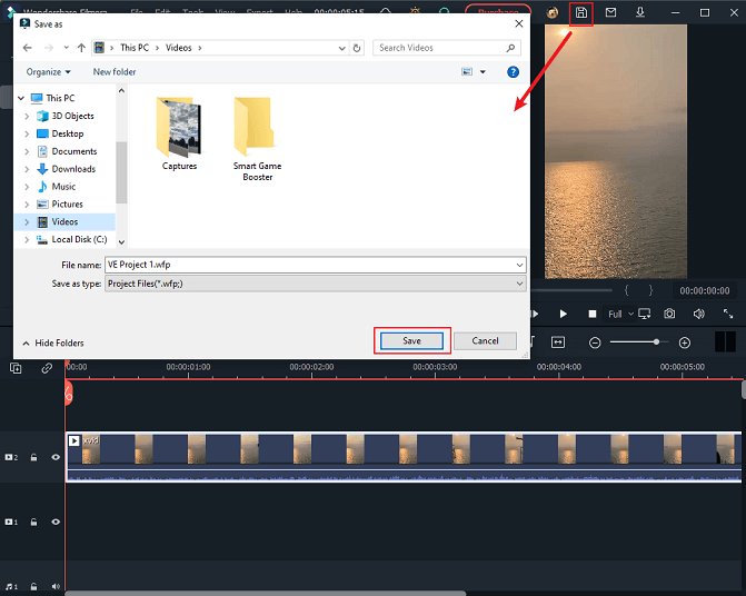 Click the Save Project icon at the top right in Wondershare Filmora and click Save to save the video to the local folder