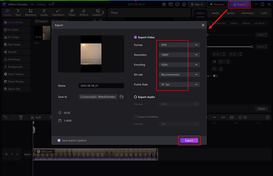Click the Export button at the top right, choose the desired format, resolution, encoding, etc., and click the Export button in HitPaw Edimakor to save the cropped XVID video