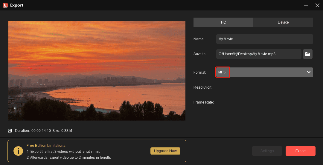 Set output format to MP3 in MiniTool MovieMaker