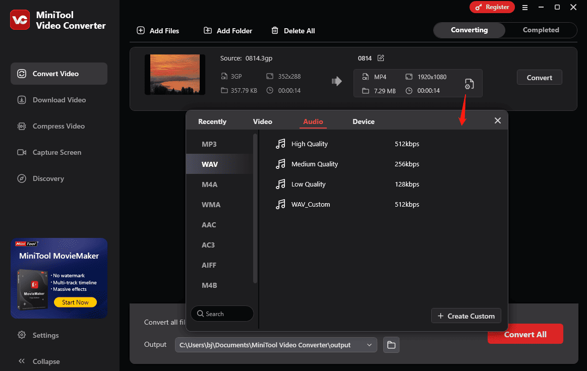 Choose a format to extract audio from 3GP in MiniTool Video Converter