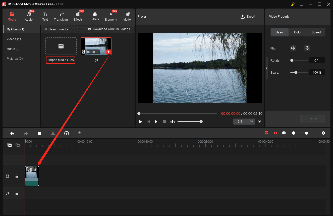 MiniTool MovieMakerにインポートしたGIF上のプラス(+)アイコンをクリックしてタイムラインに追加