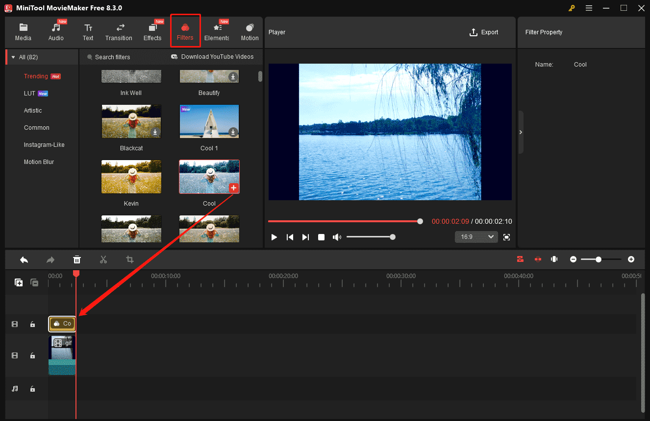 MiniTool MovieMakerの「Filters」タブからフィルターをダウンロードしてGIFに追加