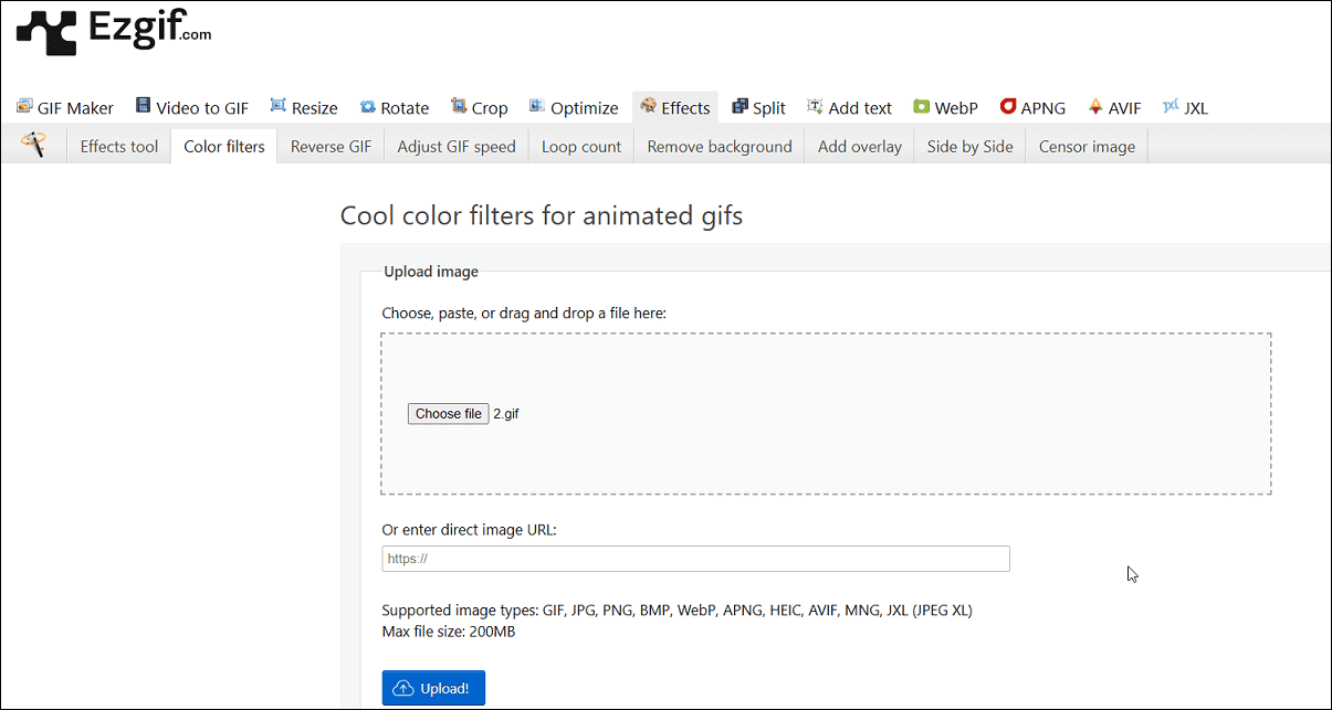 オンラインツールEzgifの「Color filters」オプションを使ってGIFにフィルターを追加