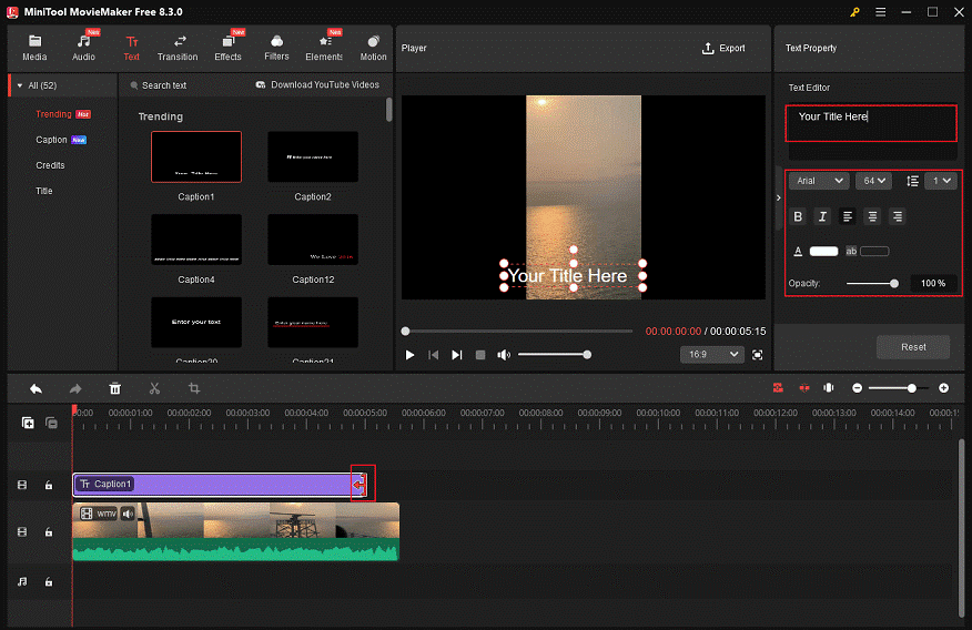 Adjust the caption settings in MiniTool MovieMaker