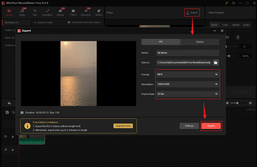 Set the output settings and click on the Export button in MiniTool MovieMaker to export the 3GP video