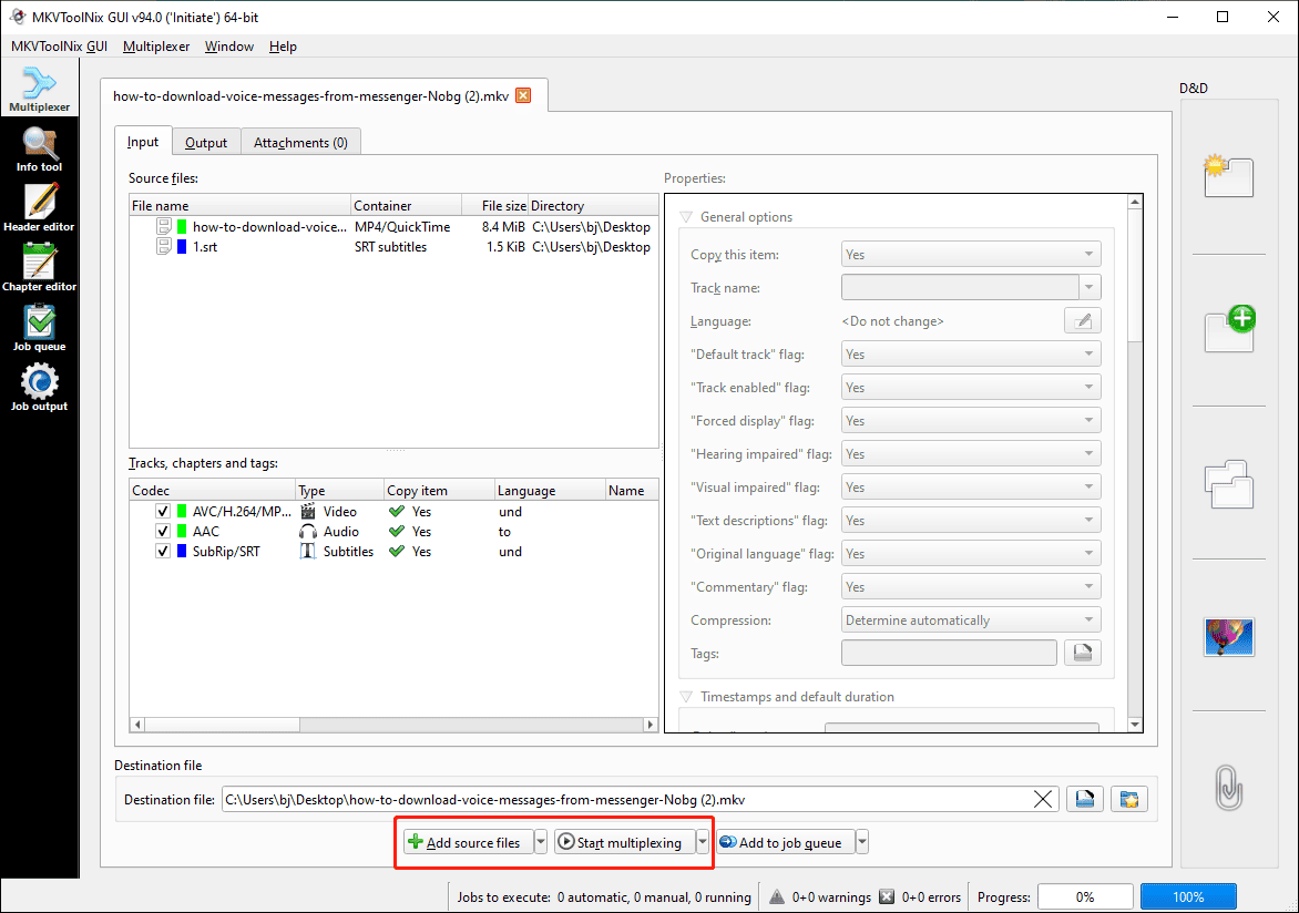 Add soft subtitles to VOB using MKVToolNix