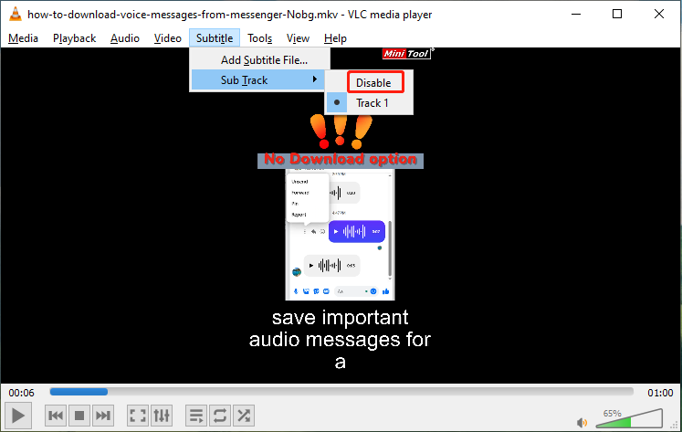 Click Disable to disable subtitles in VLC