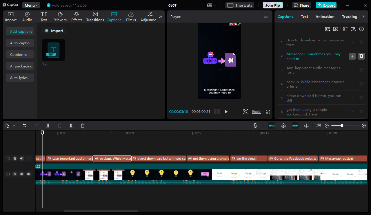 Add the subtitles to the timeline in CapCut