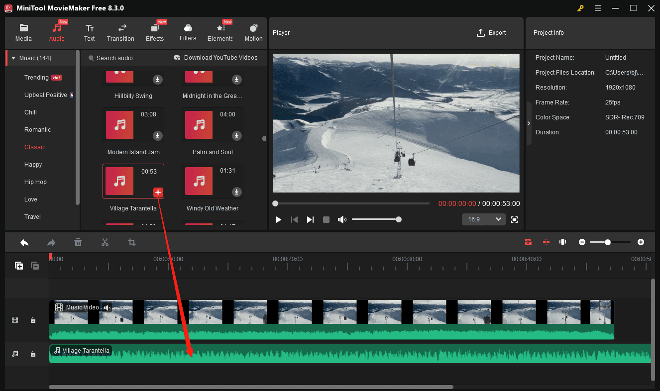 Add an audio clip in MiniTool MovieaMaker