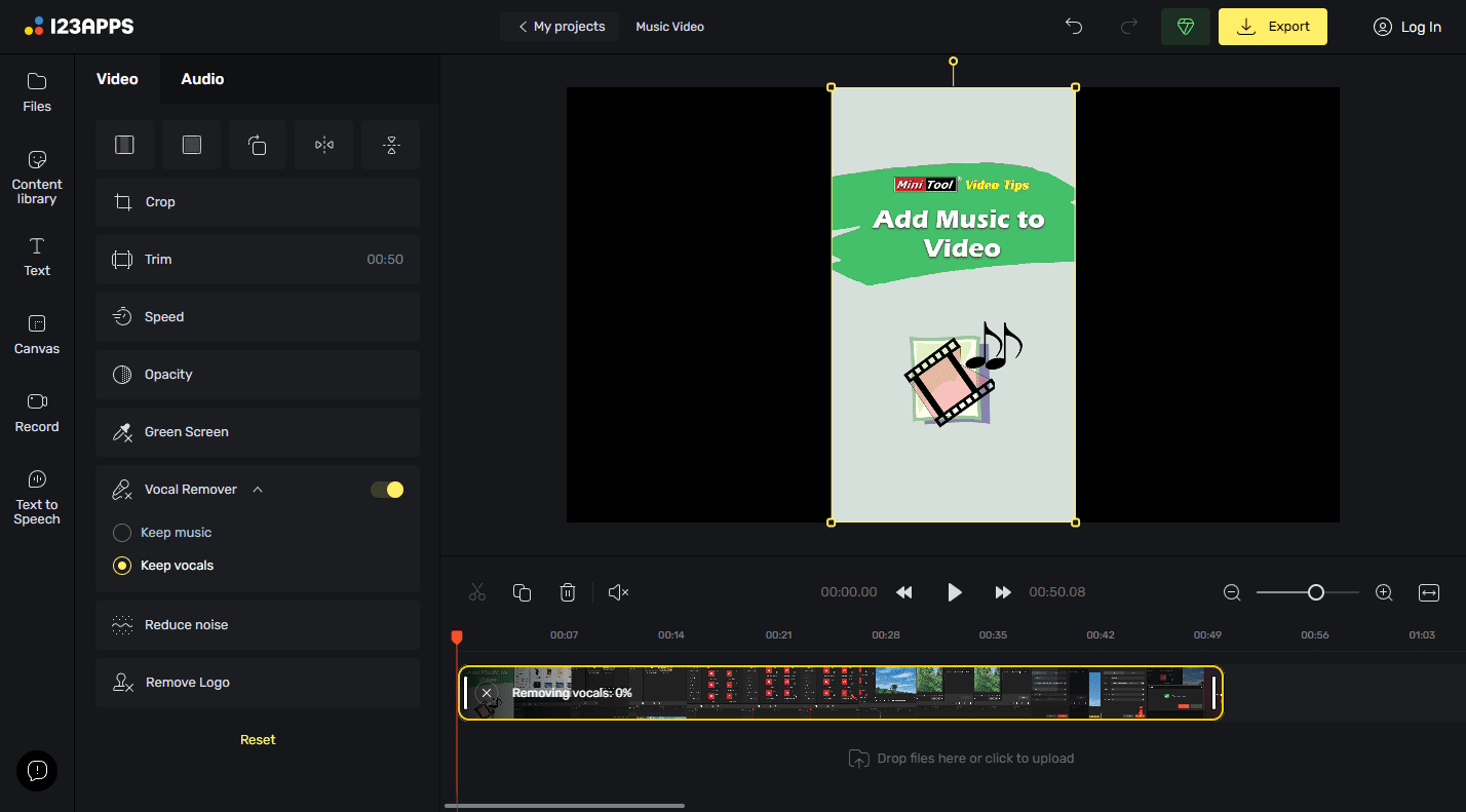 Remove background music from video using Online Video Cutter