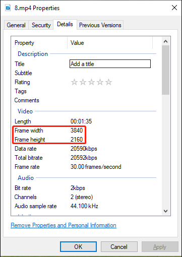 Check the video resolution using File Properties