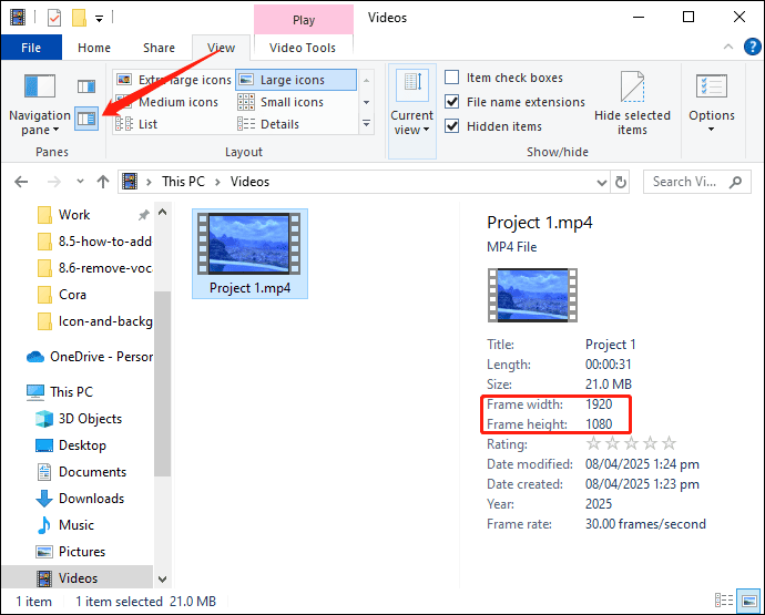 Check the video resolution using File Explorer’s Details pane