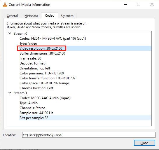 Check the video resolution using VLC Media Player