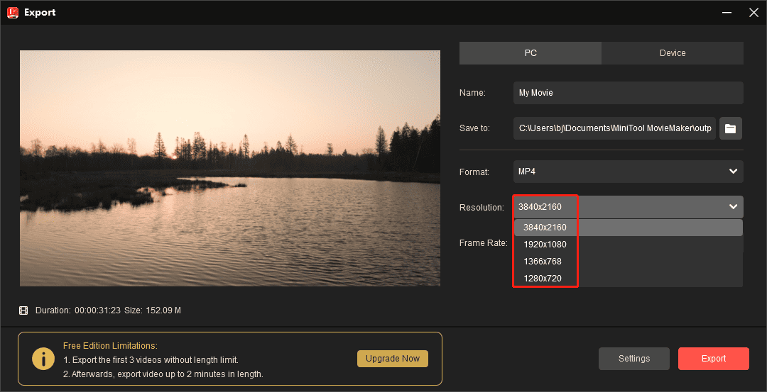 Lower the video resolution in MiniTool MovieMaker