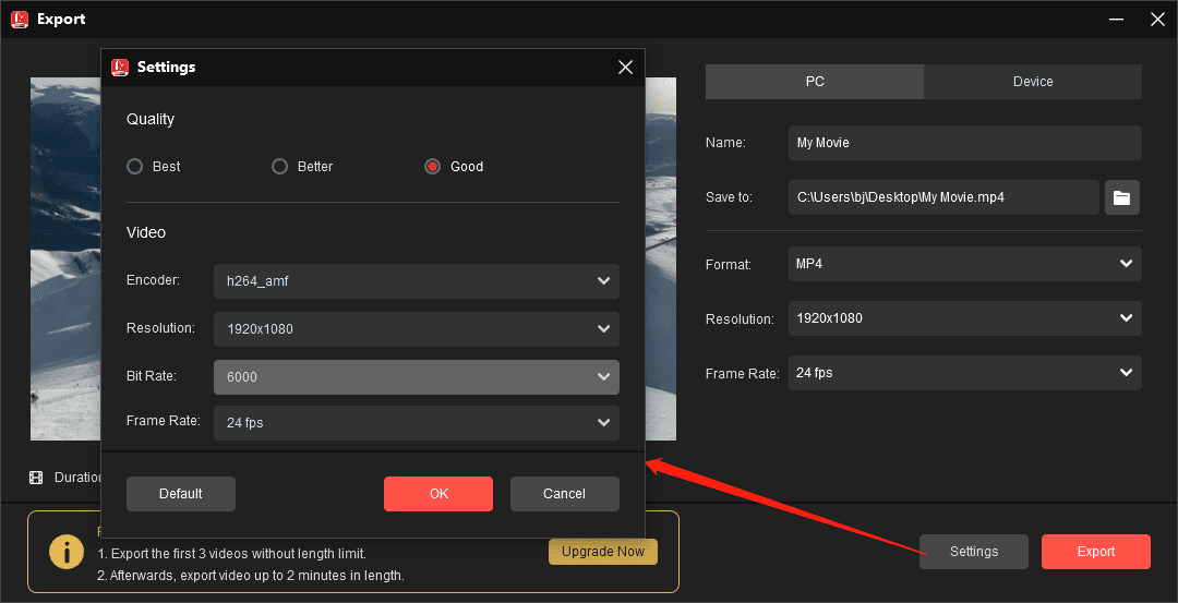 Adjust output settings and export the video from MiniTool MovieMaker
