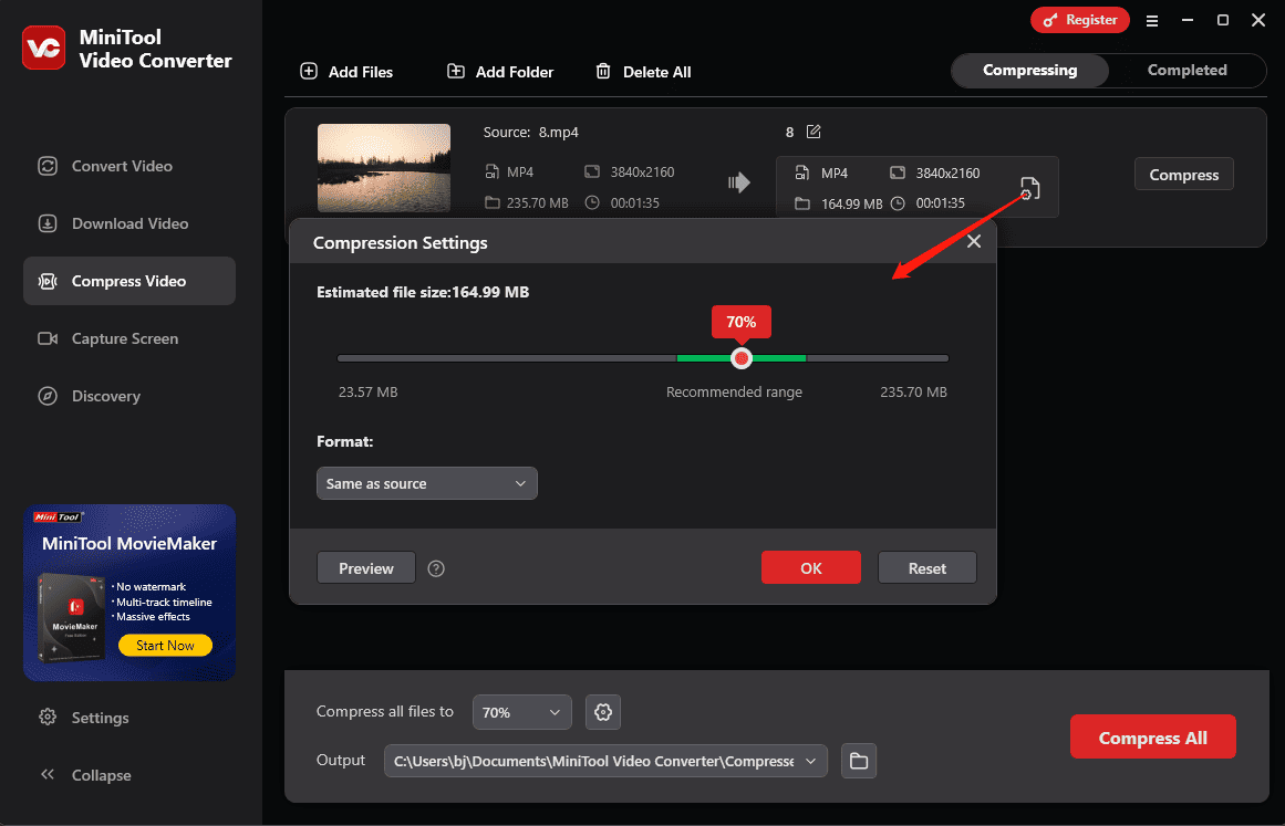 Customize compression settings in MiniTool Video Converter