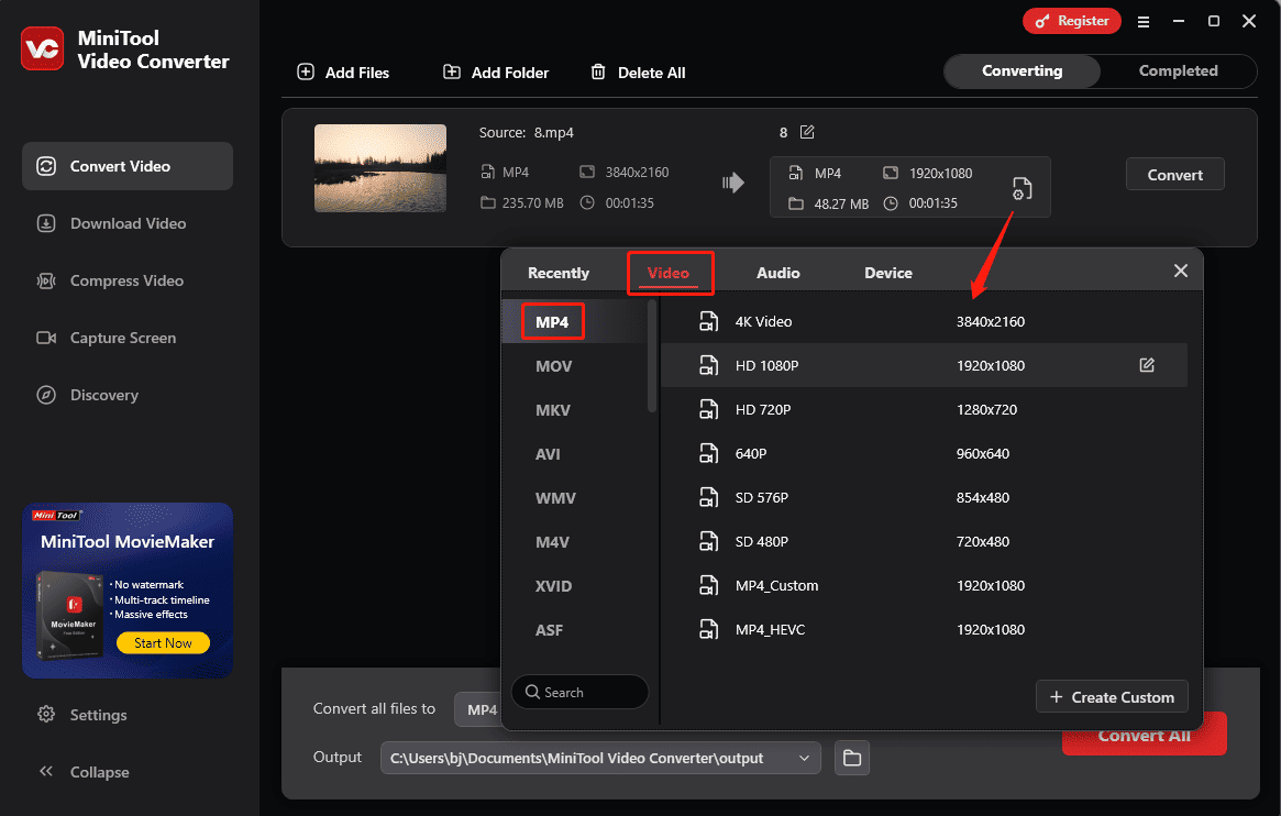 Click the Settings icon and select Video to choose the output format in MiniTool Video