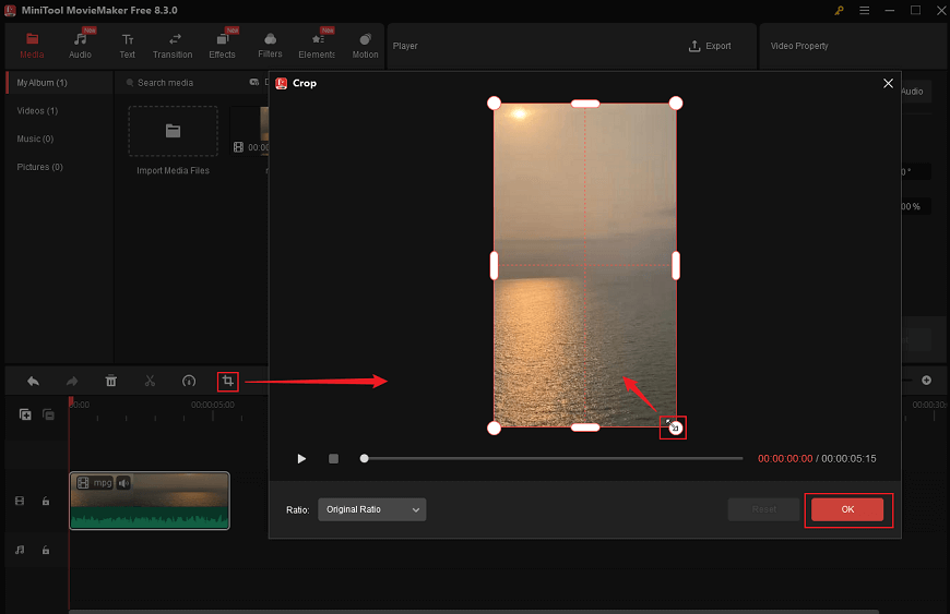 Drag and drop the added video to the timeline and crop the video in MiniTool MovieMaker